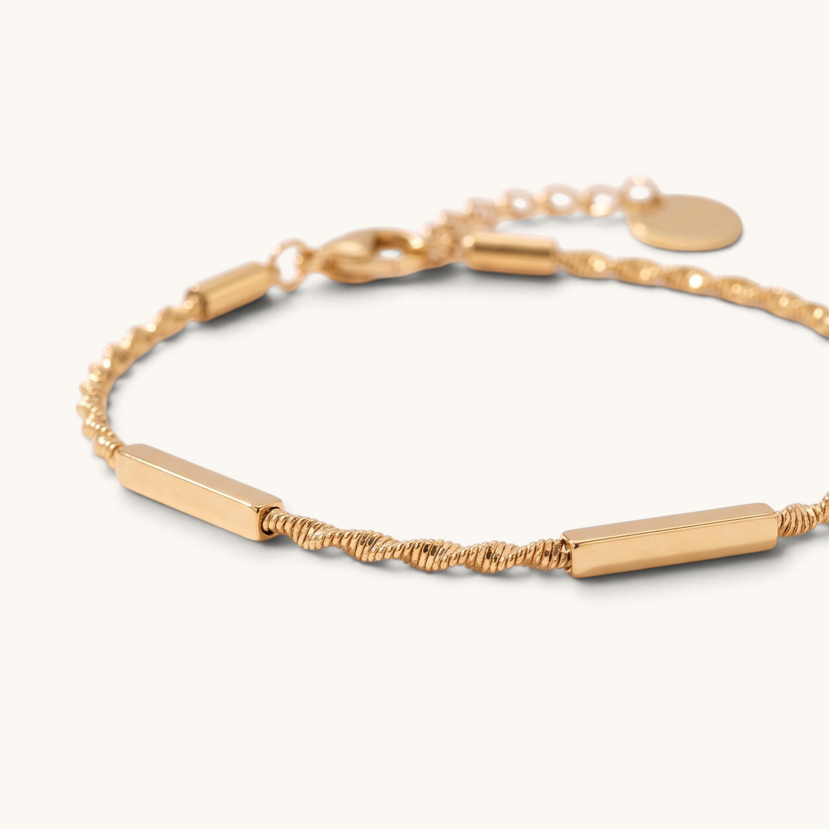 Feetz & Co. Asta anklet featuring polished gold-tone stainless steel bars on a delicate twisted chain