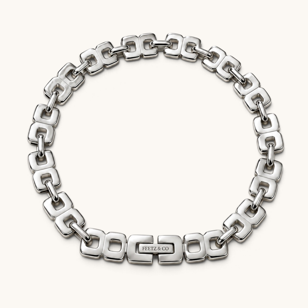 Feetz & Co. Bloc Anklet featuring silver-plated stainless steel squared links in a structured architectural design.