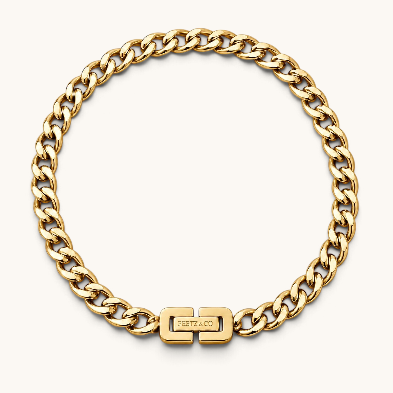 Feetz & Co. gold-plated stainless steel flat curb chain anklet with a polished finish and branded clasp.