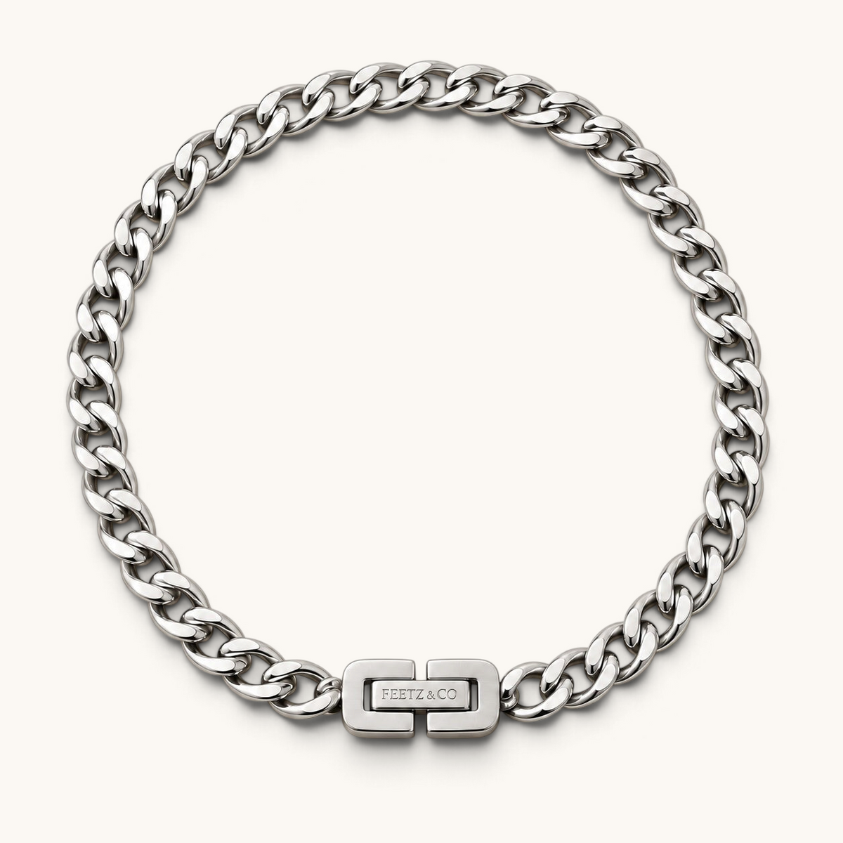 Feetz & Co. silver-plated stainless steel flat curb chain anklet with a sleek, water-resistant design.