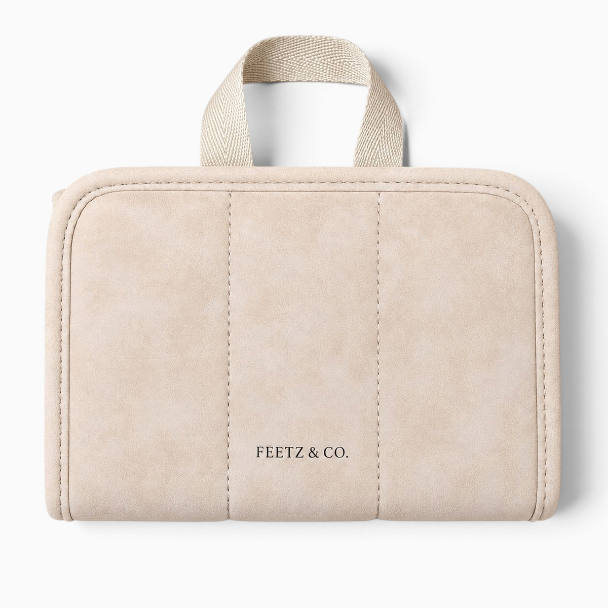 Feetz & Co. beige suede-feel jewelry travel folder with a top handle and embossed logo, closed view.