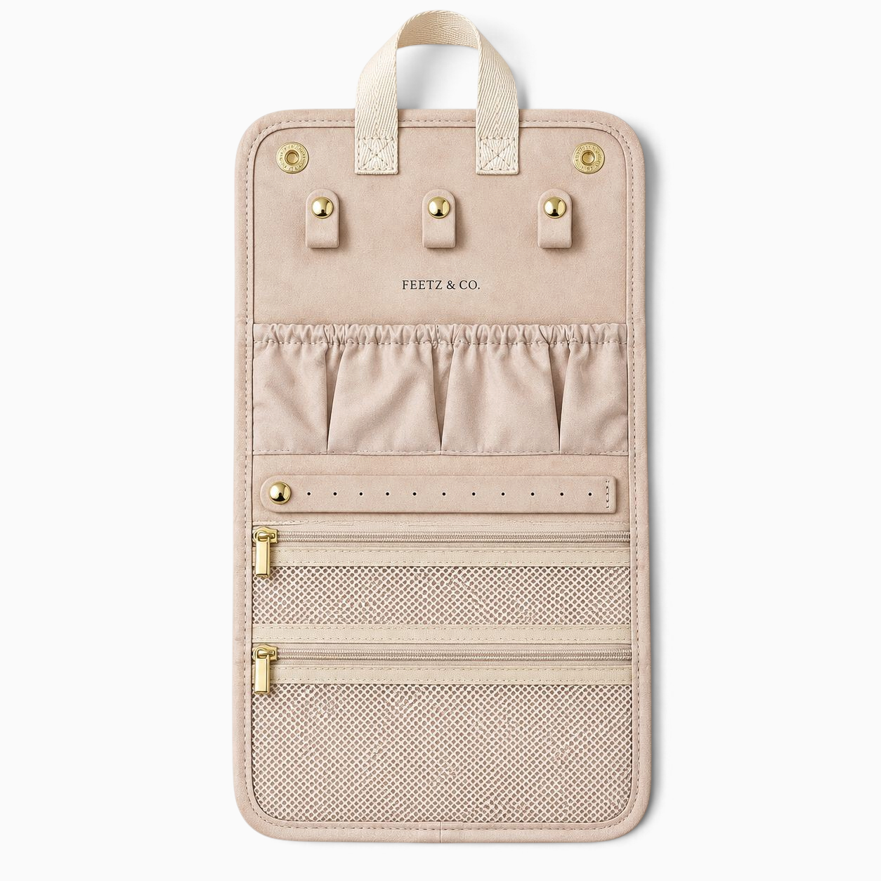 Feetz & Co. beige suede-feel jewelry travel folder with ring holders, mesh zip pockets, and gold snap closures.