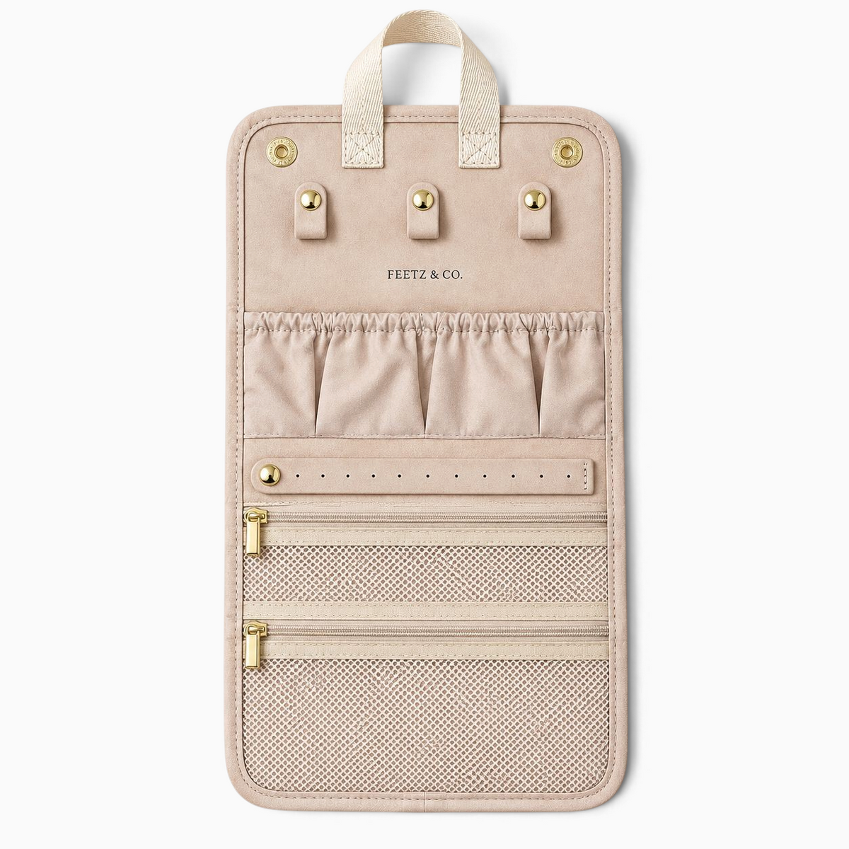 Feetz & Co. beige suede-feel jewelry travel folder with ring holders, mesh zip pockets, and gold snap closures.