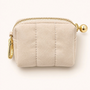 Feetz & Co. beige quilted suede-feel puffy pouch with a gold zipper and metal clip for keys or bags.