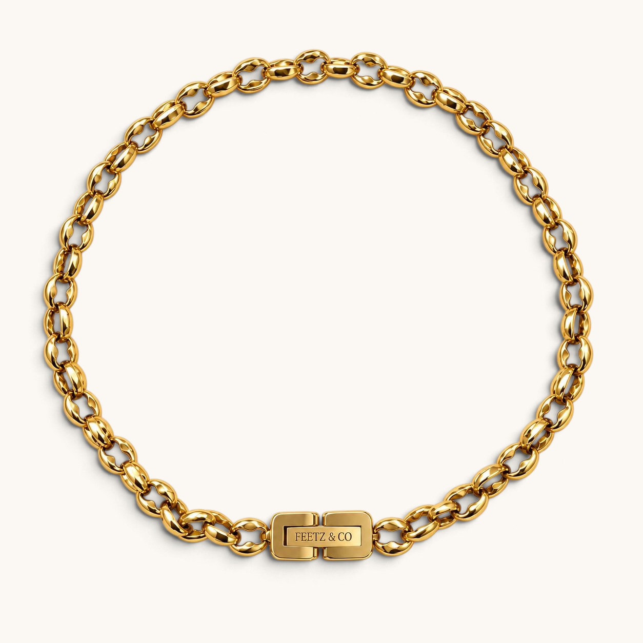 Feetz & Co. Remi Anklet featuring a polished 18K gold-plated stainless steel rolo chain with a branded clasp.