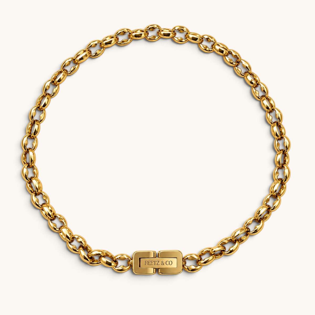Feetz & Co. Remi Anklet featuring a polished 18K gold-plated stainless steel rolo chain with a branded clasp.