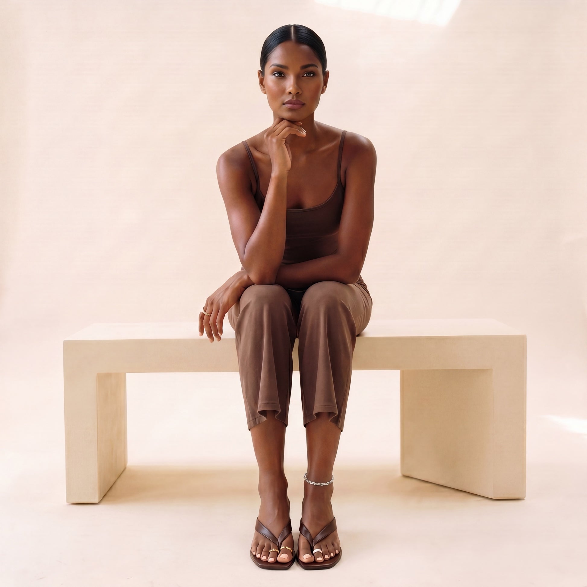 Rome Anklet Silver — Shot C (frontal seated with sandals)